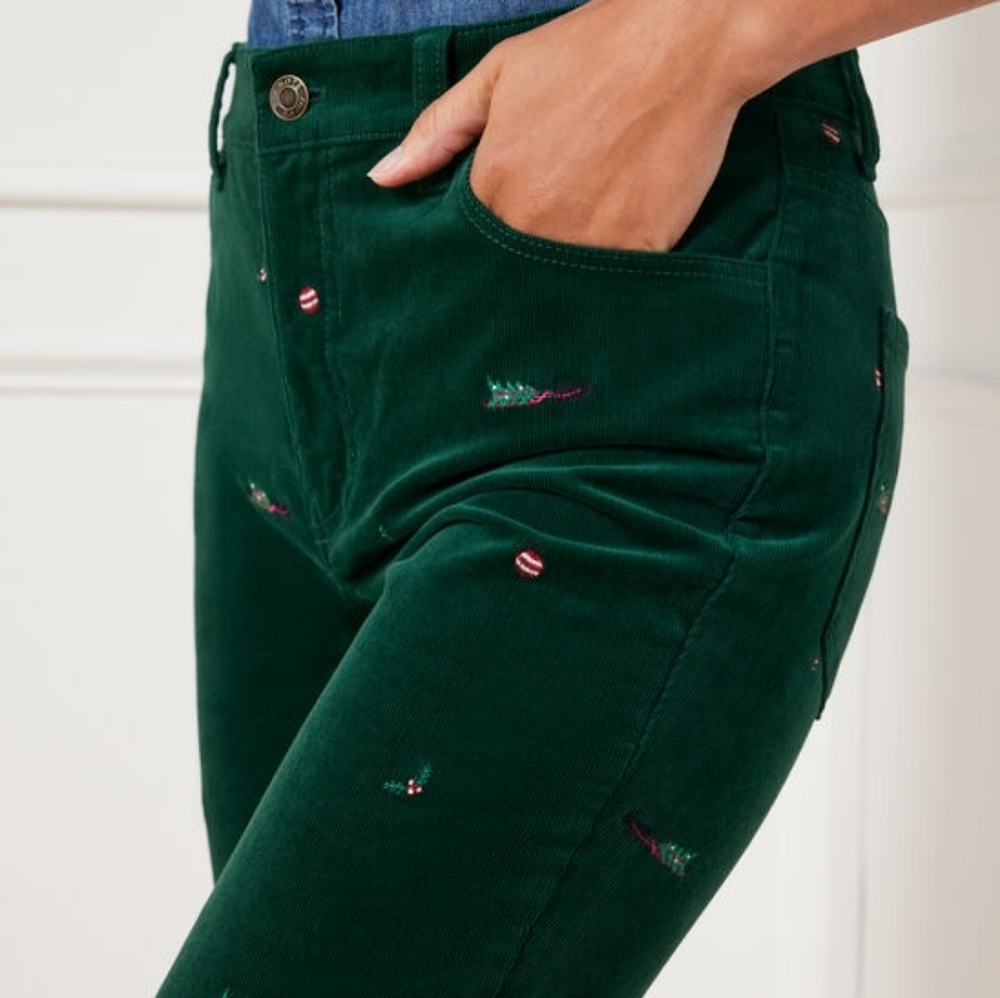 Talbots Stretch Corduroy Straight Leg Pants Embroidered Christmas Cheer Size 4P